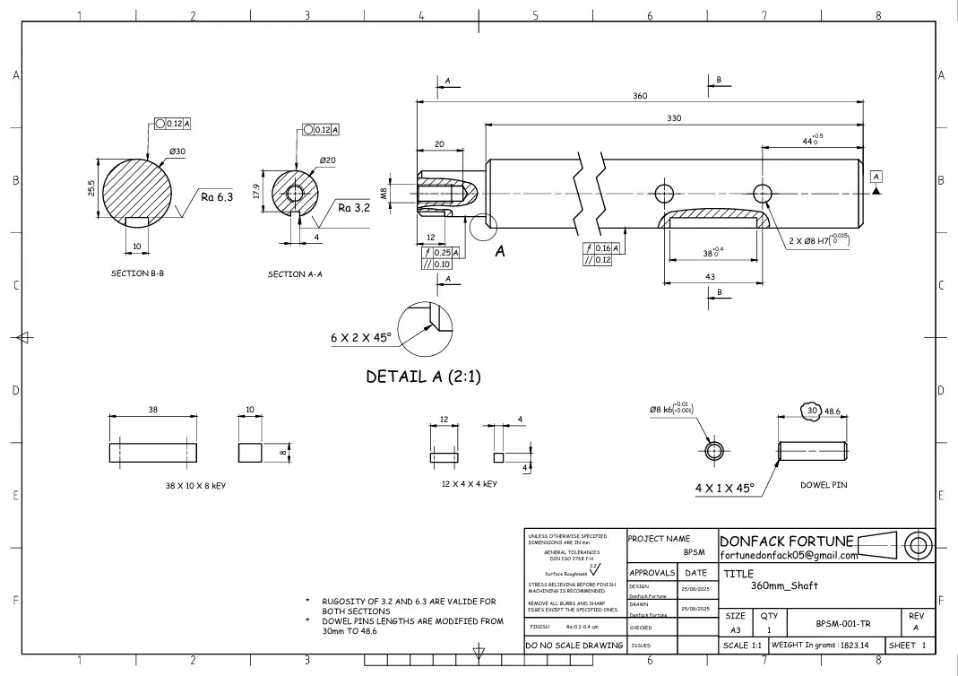 Main shaft — dimensioned drawing