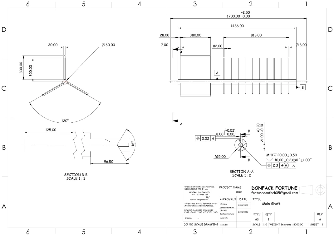 Complete 2D shaft assembly drawing